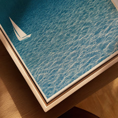 Sailing Boats Art Print – Blue Japanese Coastal Wall Art — closeup framed canvas natural wood floating frame