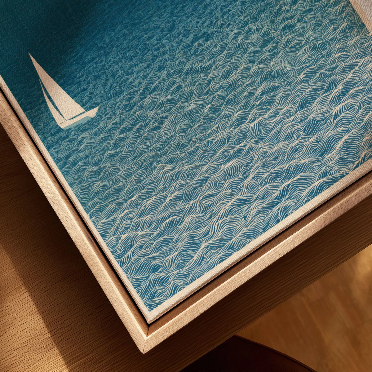 Sailing Boats Art Print – Blue Japanese Coastal Wall Art — closeup framed canvas natural wood floating frame