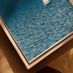 Sailboat Wall Art – Japanese Blue Ocean Print — closeup framed canvas natural wood floating frame