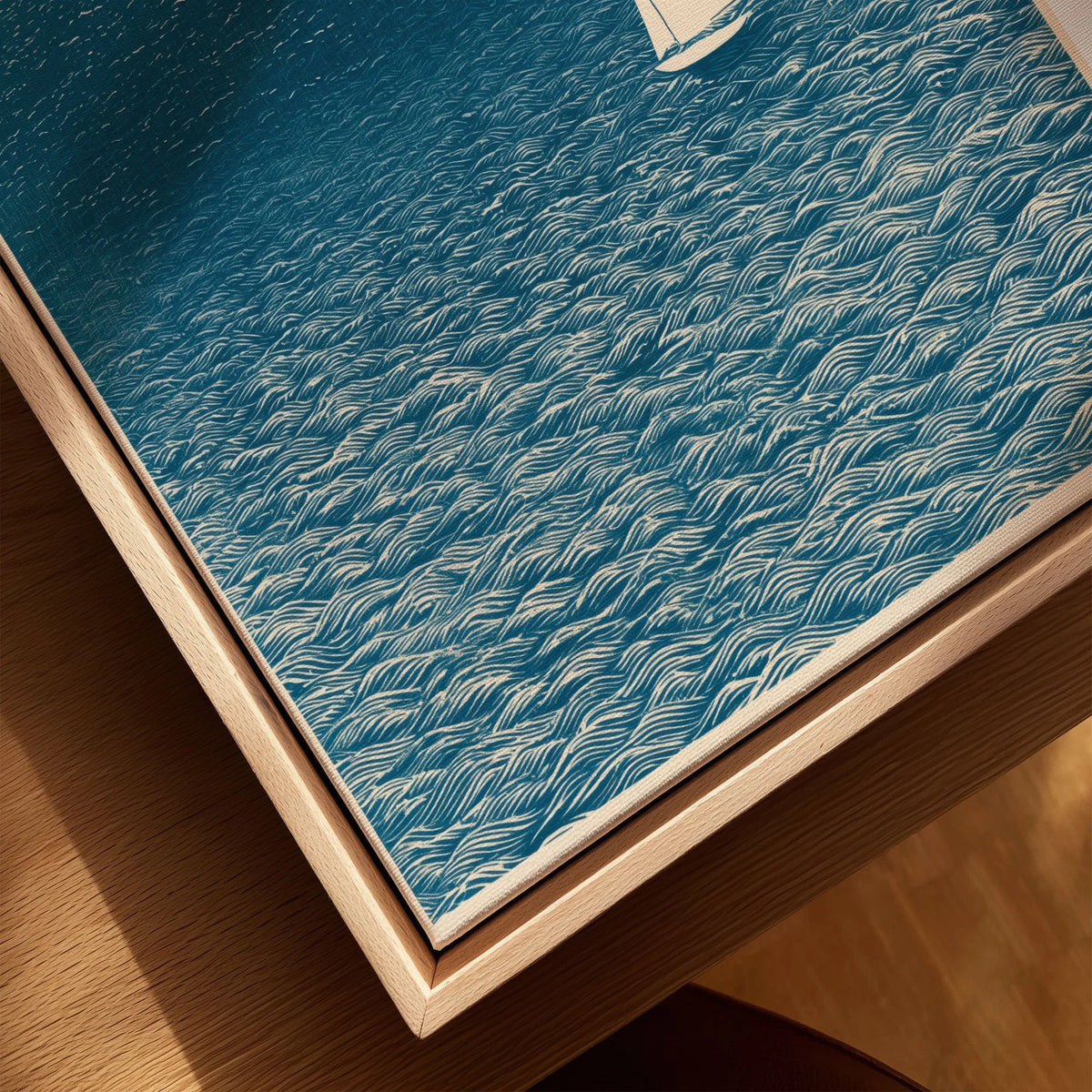 Sailboat Wall Art – Japanese Blue Ocean Print — closeup framed canvas natural wood floating frame