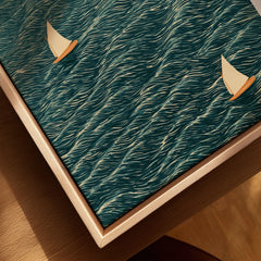 Sailing Boats Wall Art – Vintage Japanese Coastal Print — closeup framed canvas natural wood floating frame