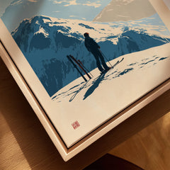 Ski Touring Art Print – Vintage Alpine Poster Wall Art — closeup framed canvas natural wood floating frame