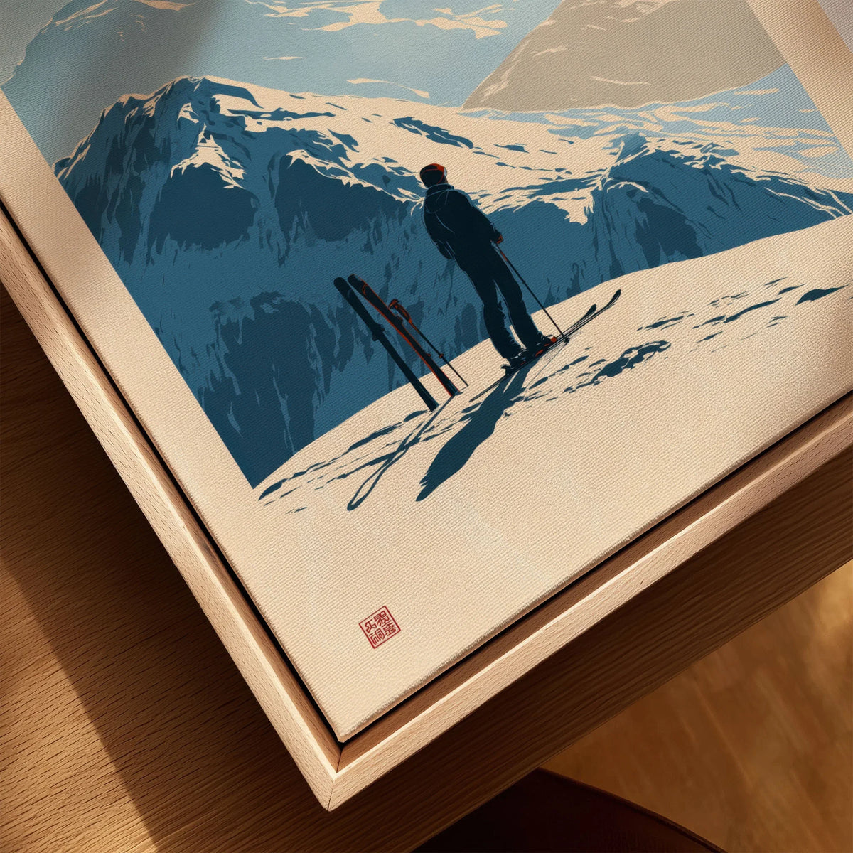 Ski Touring Art Print – Vintage Alpine Poster Wall Art — closeup framed canvas natural wood floating frame