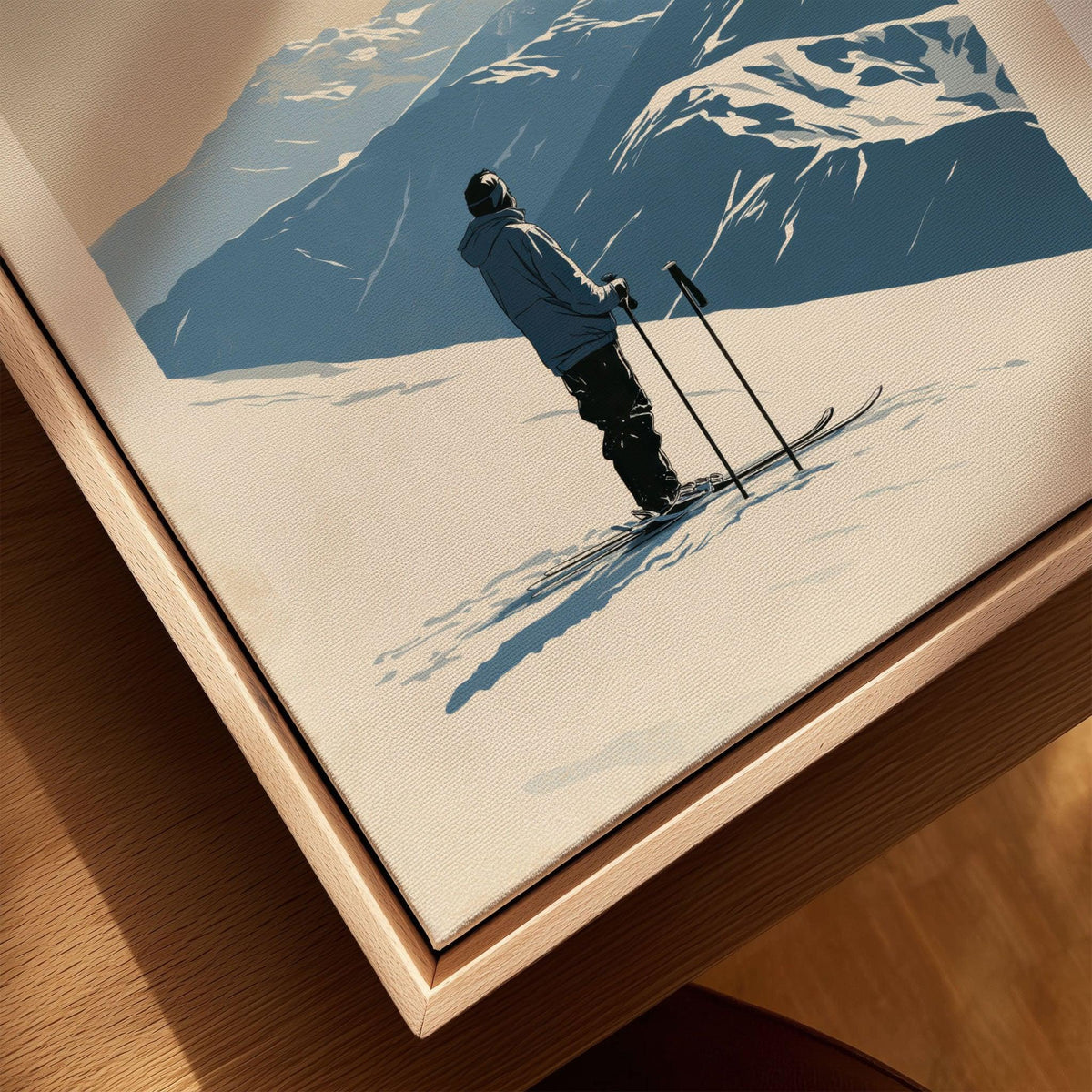 Ski Poster – Vintage Mountain Skier Wall Art — closeup framed canvas natural wood floating frame