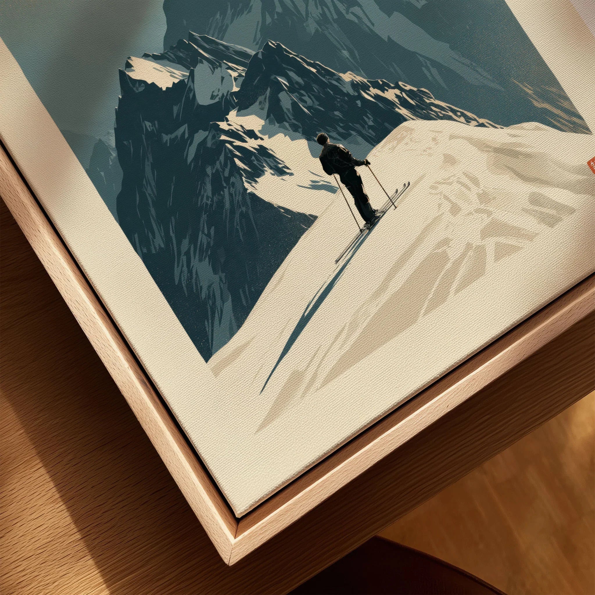 Ski Mountaineering Print – Vintage Alpine Summit Wall Art — closeup framed canvas natural wood floating frame