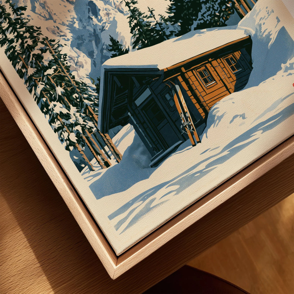 Ski Cabin Art Print – Vintage Alpine Chalet Wall Art — closeup framed canvas natural wood floating frame