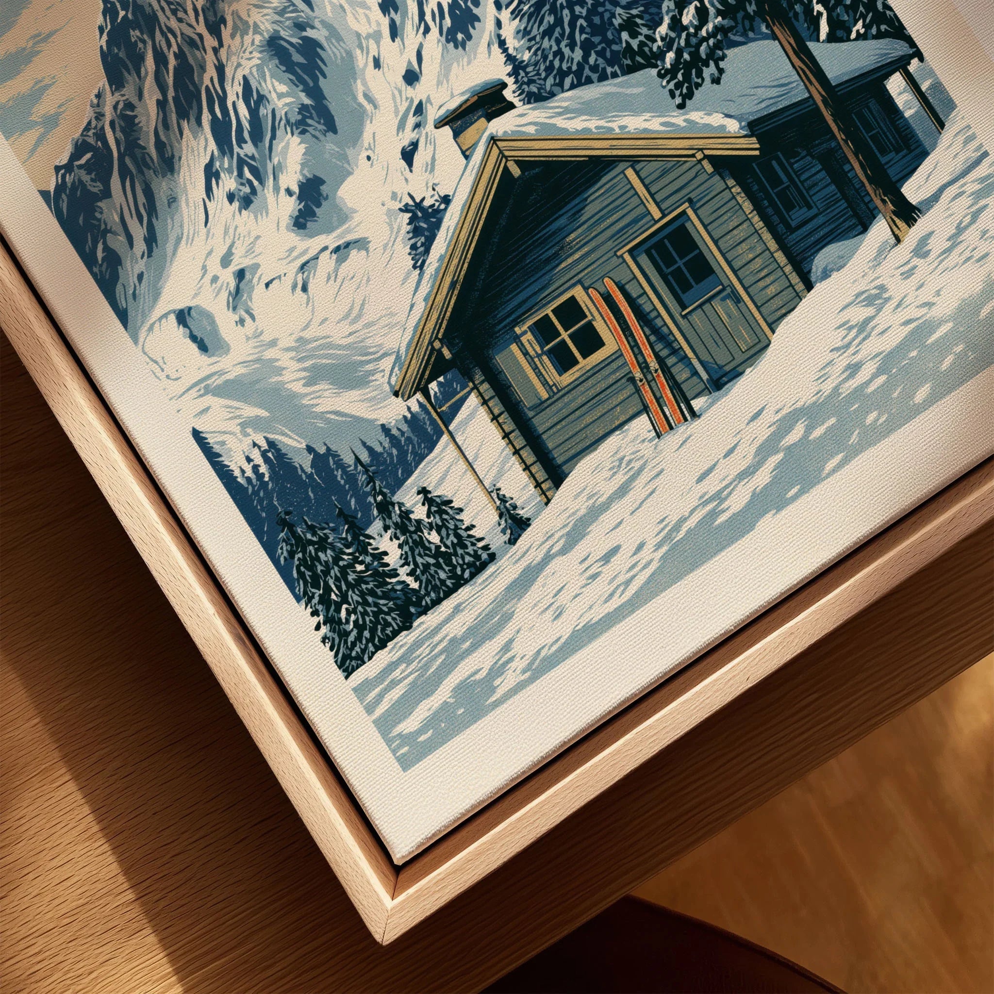 Ski Hut Poster – Vintage Alpine Cabin Wall Art — closeup framed canvas natural wood floating frame