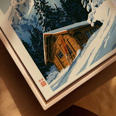 Log Cabin Ski Print – Vintage Alpine Lodge Wall Art — closeup framed canvas natural wood floating frame