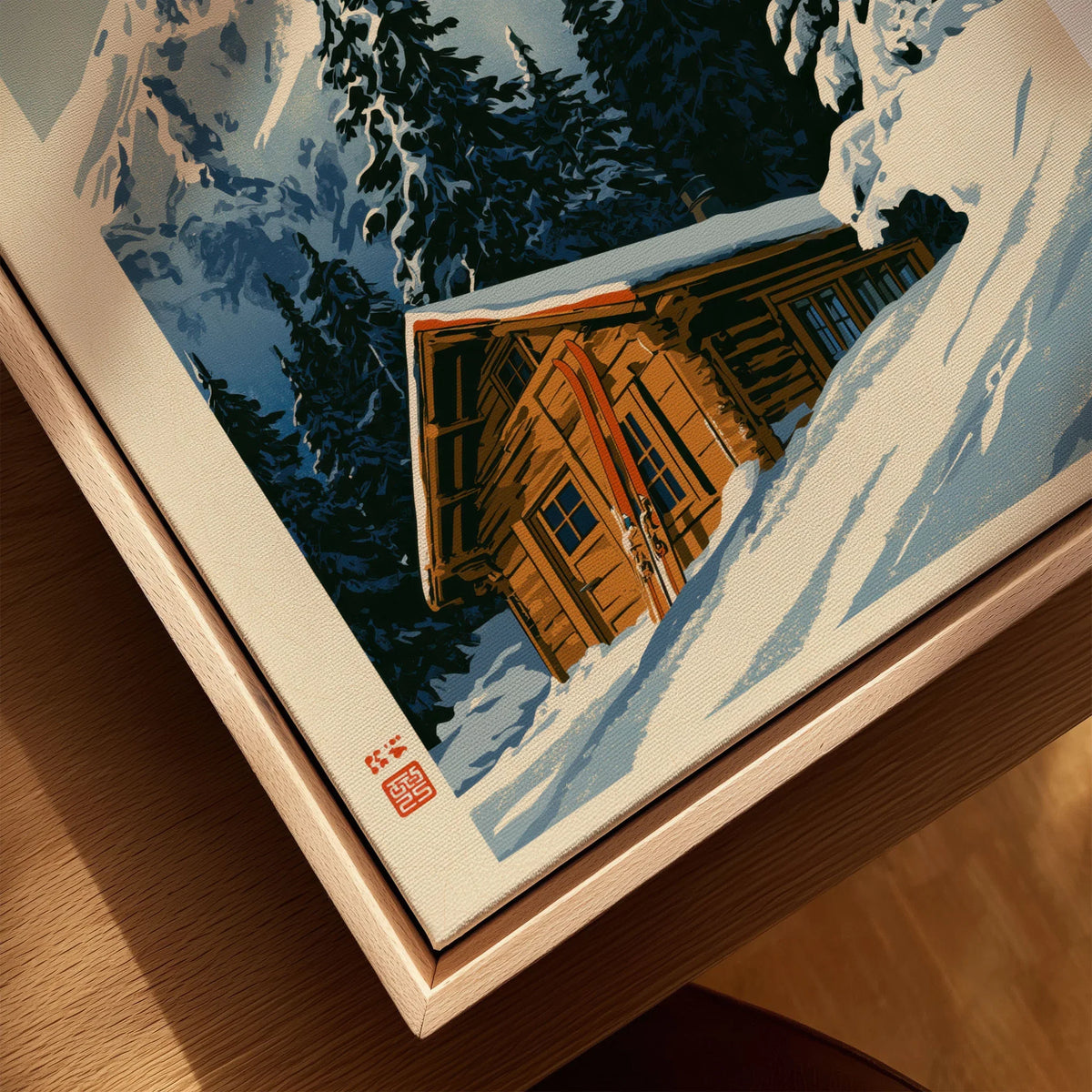 Log Cabin Ski Print – Vintage Alpine Lodge Wall Art — closeup framed canvas natural wood floating frame