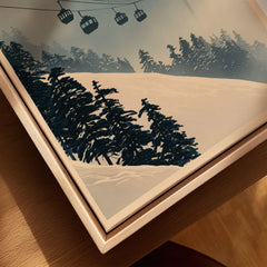 Misty Ski Lift Art Print – Vintage Alpine Gondola Wall Art — closeup framed canvas natural wood floating frame