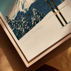 Mount Fuji Ski Poster – Vintage Japanese Alpine Print — closeup framed canvas natural wood floating frame