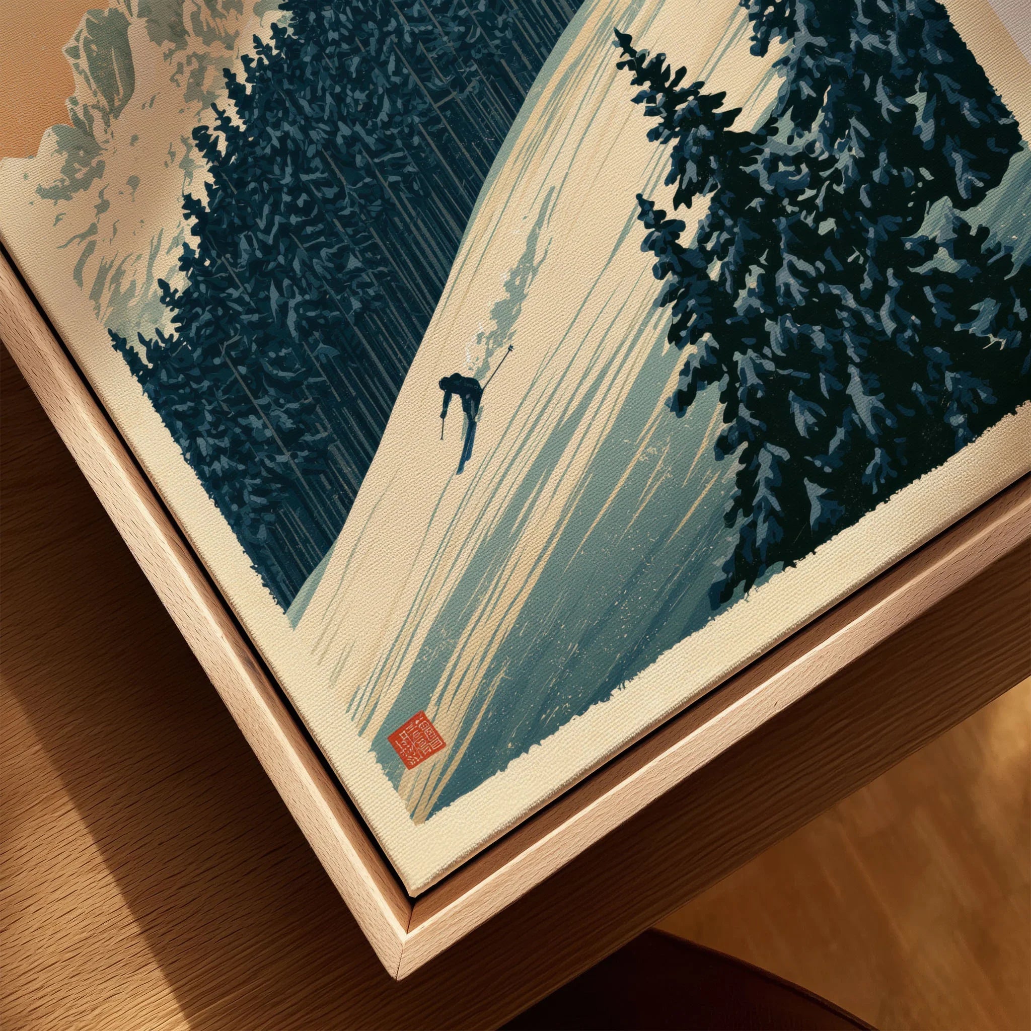 Alpine Ski Poster – Vintage Mountain Forest Wall Art — closeup framed canvas natural wood floating frame