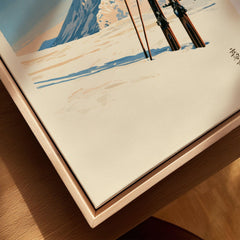 Vintage Ski Print – Japanese Woodblock Mountain Wall Art — closeup framed canvas natural wood floating frame