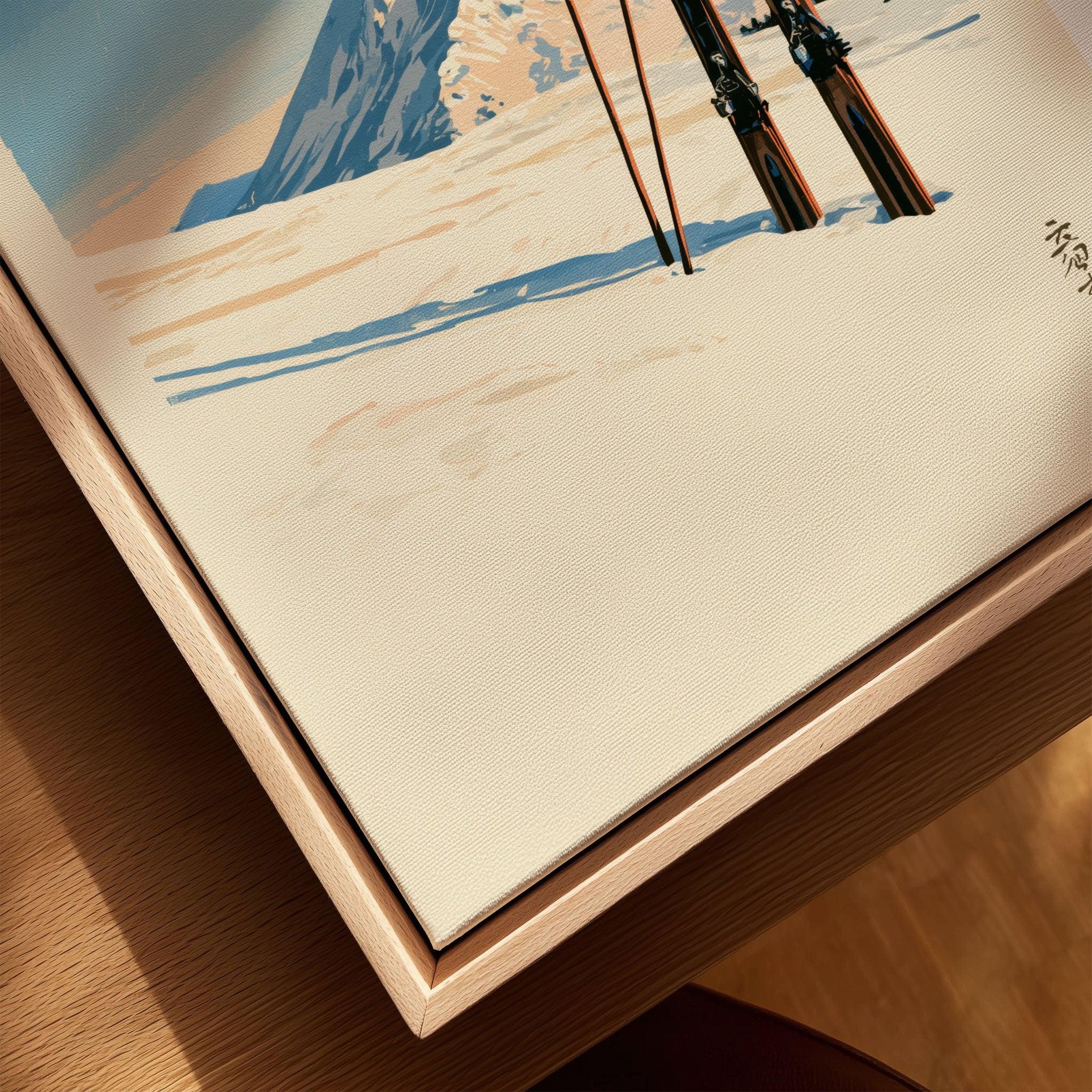Vintage Ski Print – Japanese Woodblock Mountain Wall Art — closeup framed canvas natural wood floating frame