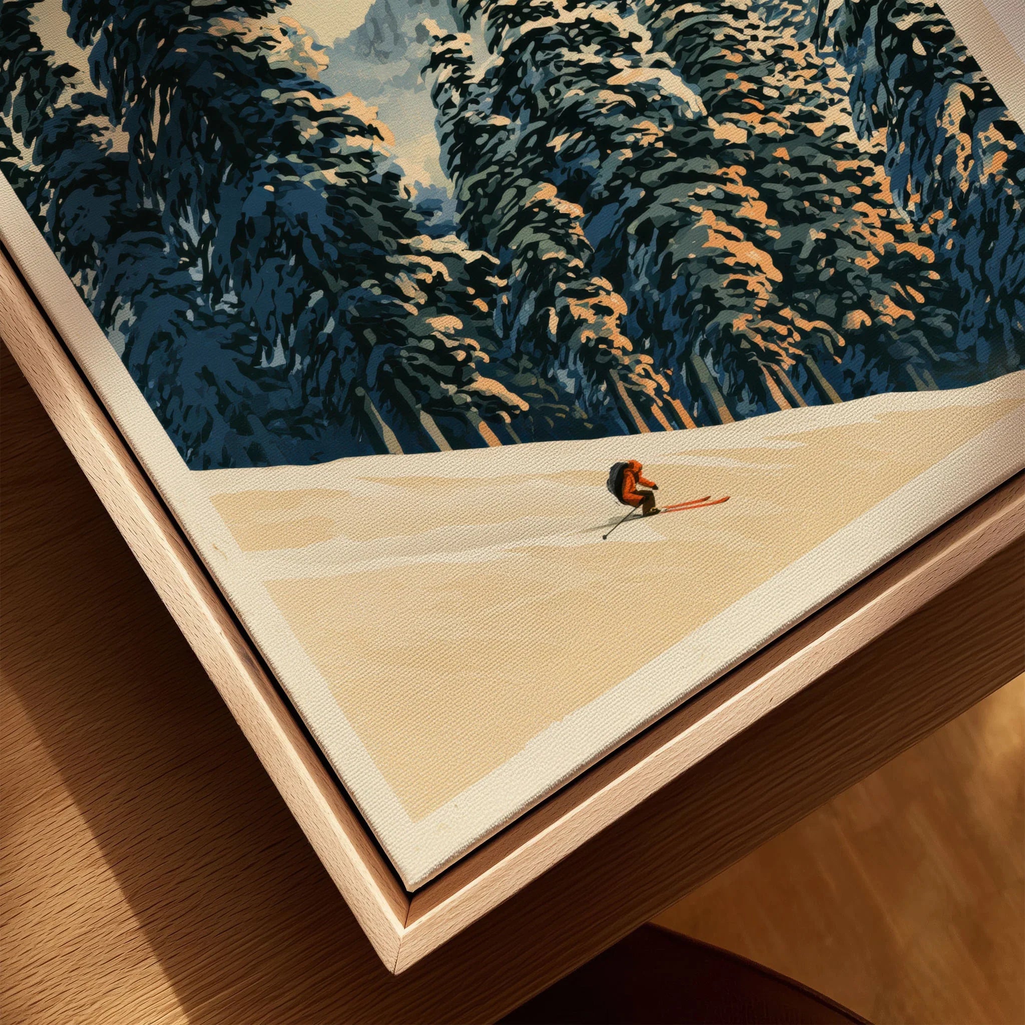 Ski Run Art Print – Vintage Alpine Forest Wall Art — closeup framed canvas natural wood floating frame