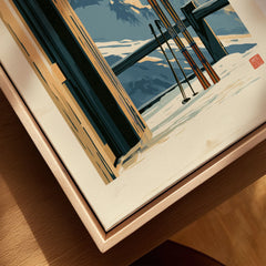 Chalet Ski Poster – Vintage Alpine Balcony Wall Art — closeup framed canvas natural wood floating frame