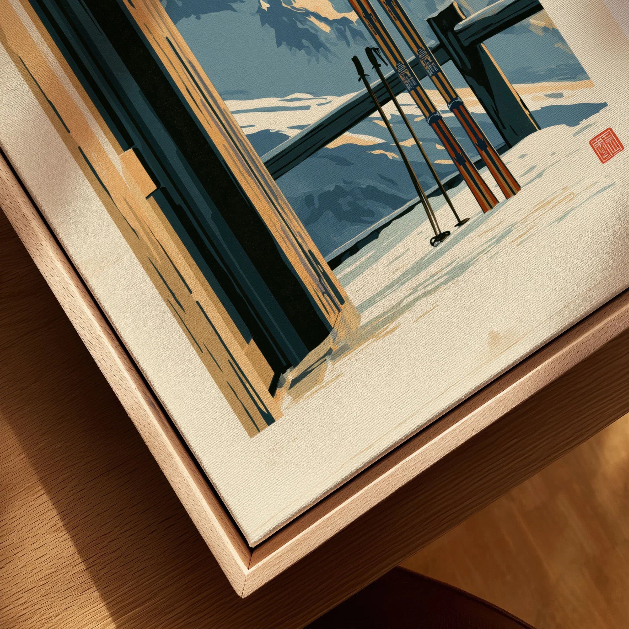 Chalet Ski Poster – Vintage Alpine Balcony Wall Art — closeup framed canvas natural wood floating frame