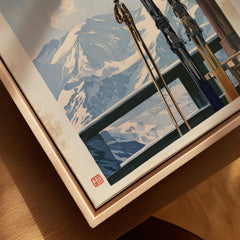 Vintage Skis Art Print – Alpine Chalet Balcony Wall Art — closeup framed canvas natural wood floating frame