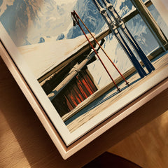 Retro Ski Poster – Vintage Skis Alpine Wall Art — closeup framed canvas natural wood floating frame