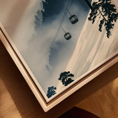 Ski Lift in Mist Print – Vintage Alpine Wall Art — closeup framed canvas natural wood floating frame