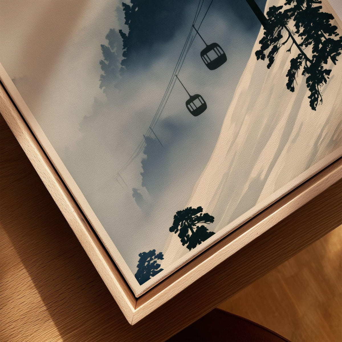 Ski Lift in Mist Print – Vintage Alpine Wall Art — closeup framed canvas natural wood floating frame