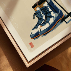Vintage Ski Boots Art Print – Retro Ski Poster Wall Art — closeup framed canvas natural wood floating frame