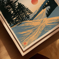 Ski Sunset Poster – Vintage Japanese Alpine Wall Art — closeup framed canvas natural wood floating frame