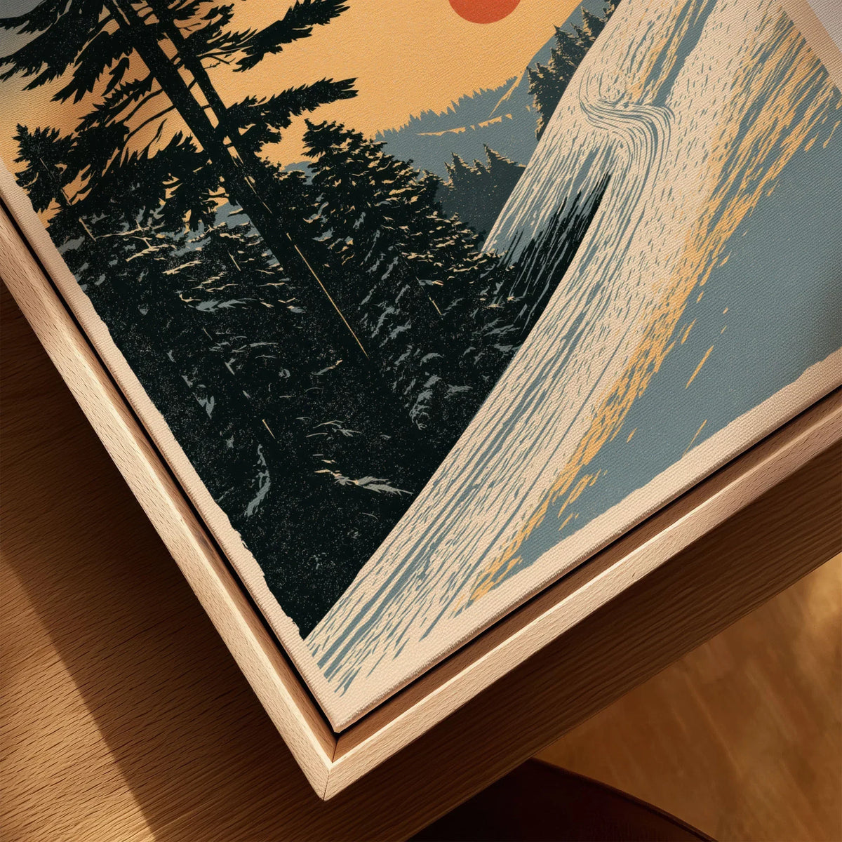 Winter Sunset Ski Print – Vintage Alpine Wall Art — closeup framed canvas natural wood floating frame