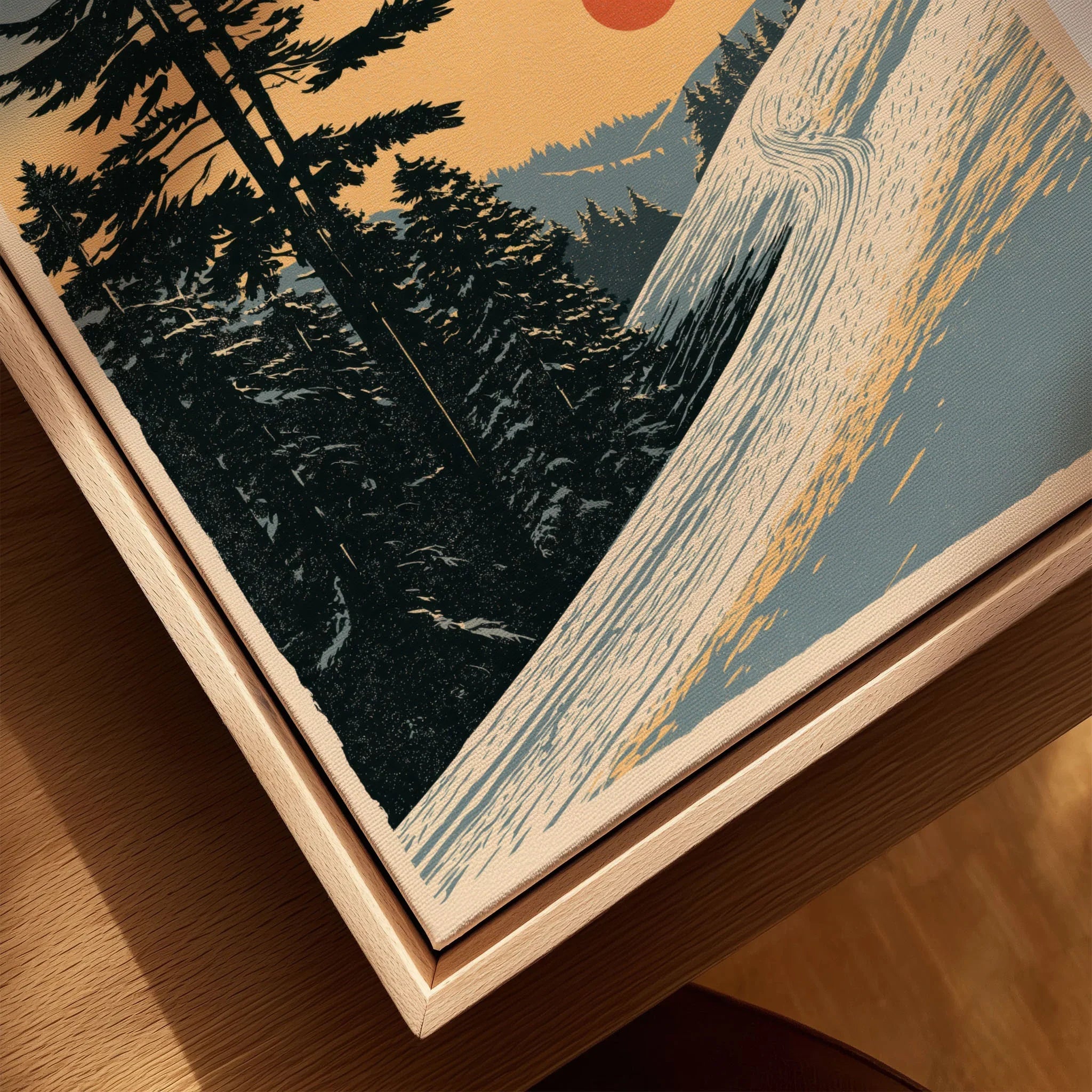 Winter Sunset Ski Print – Vintage Alpine Wall Art — closeup framed canvas natural wood floating frame
