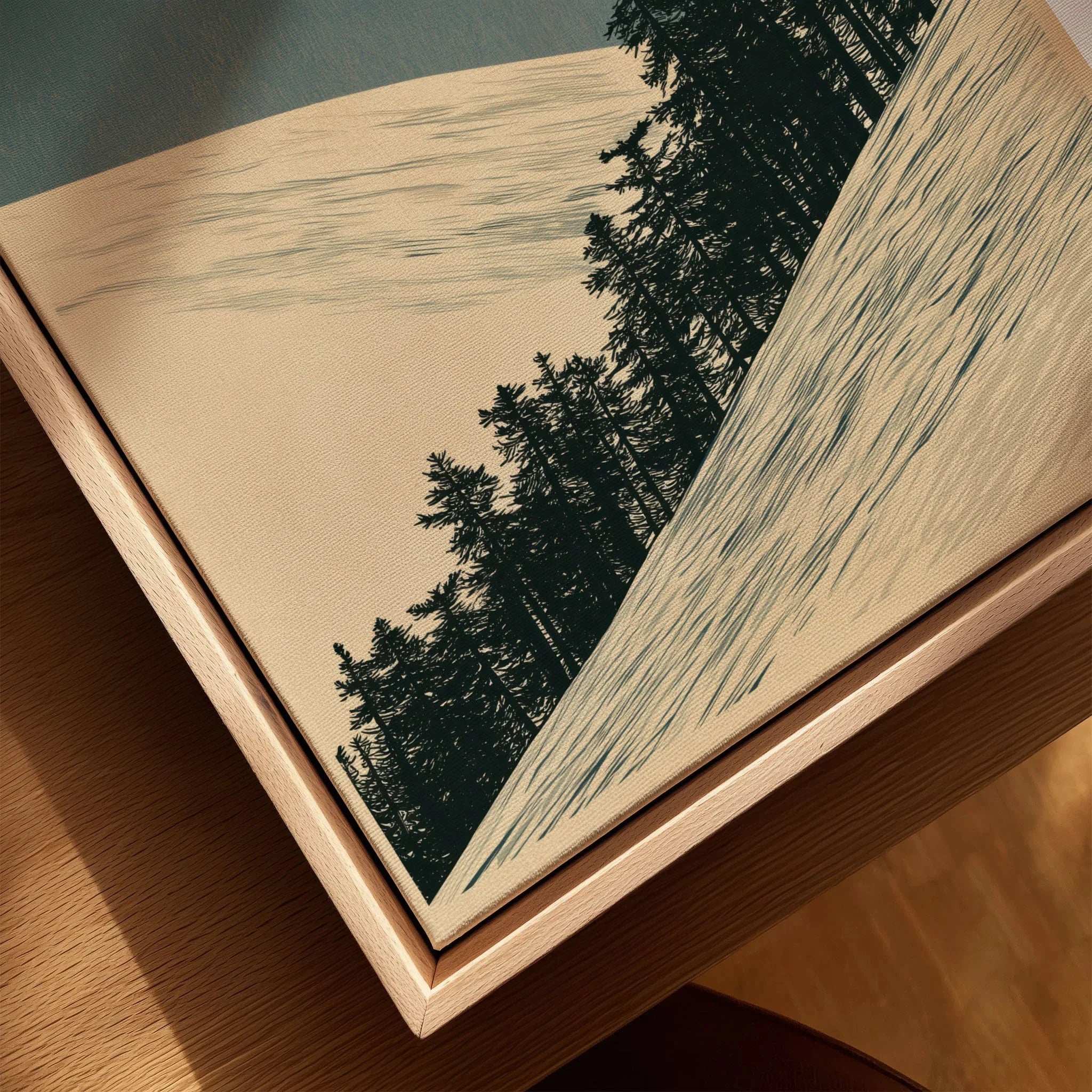 Ski Slope Art Print – Vintage Winter Sunset Wall Art — closeup framed canvas natural wood floating frame