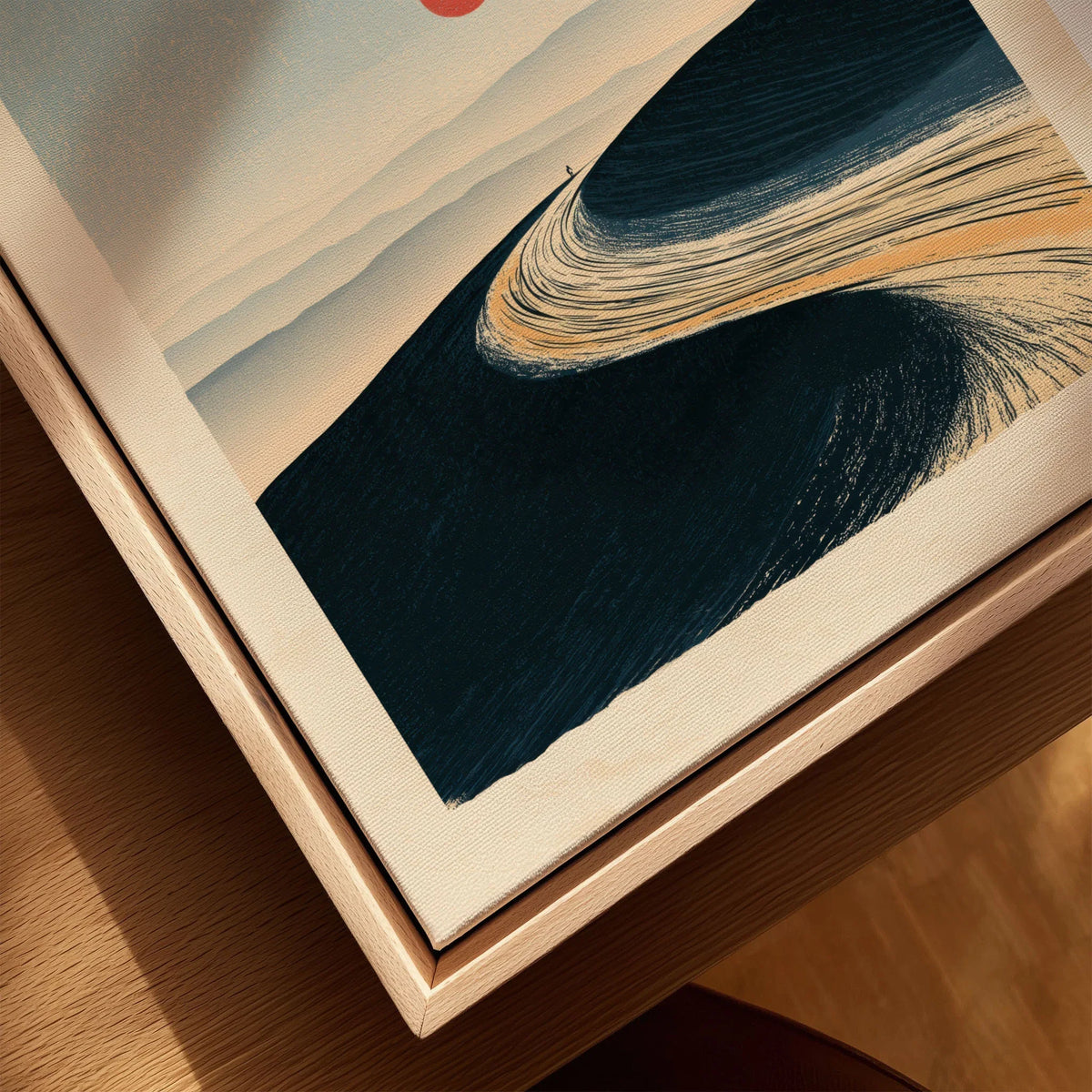 Minimalist Ski Poster – Japanese Red Sun Snow Wall Art — closeup framed canvas natural wood floating frame