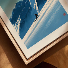 Ski Poster – Vintage Japanese Alpine Skiing Wall Art — closeup framed canvas natural wood floating frame