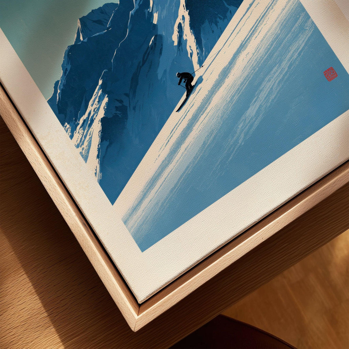 Ski Poster – Vintage Japanese Alpine Skiing Wall Art — closeup framed canvas natural wood floating frame
