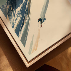 Downhill Skier Art Print – Vintage Ski Poster Wall Art — closeup framed canvas natural wood floating frame