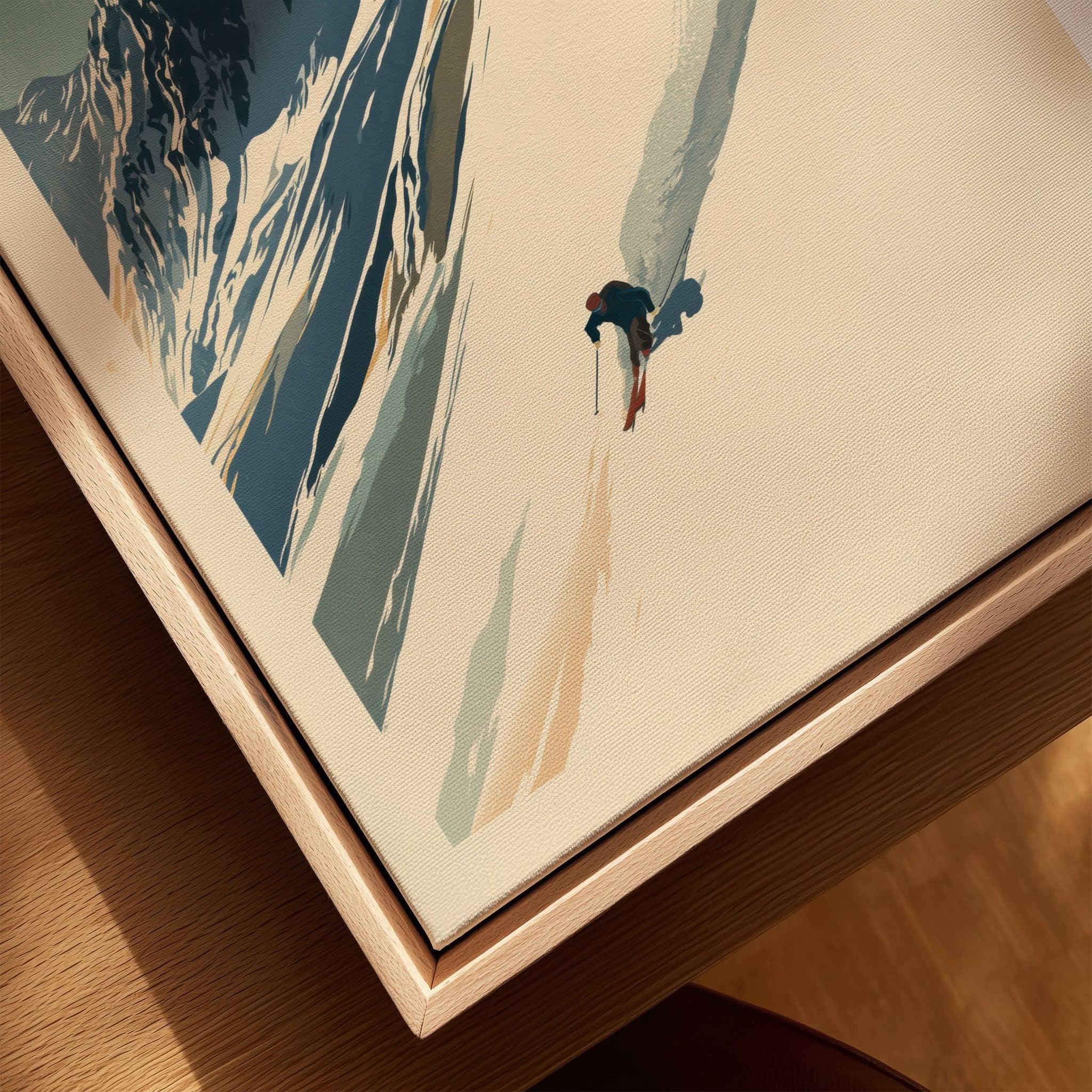 Downhill Skier Art Print – Vintage Ski Poster Wall Art — closeup framed canvas natural wood floating frame