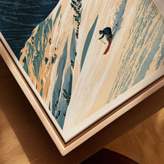 Powder Skiing Poster – Vintage Alpine Ski Wall Art — closeup framed canvas natural wood floating frame