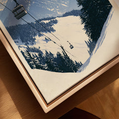 Ski Gondola Poster – Vintage Alpine Cable Car Wall Art — closeup framed canvas natural wood floating frame