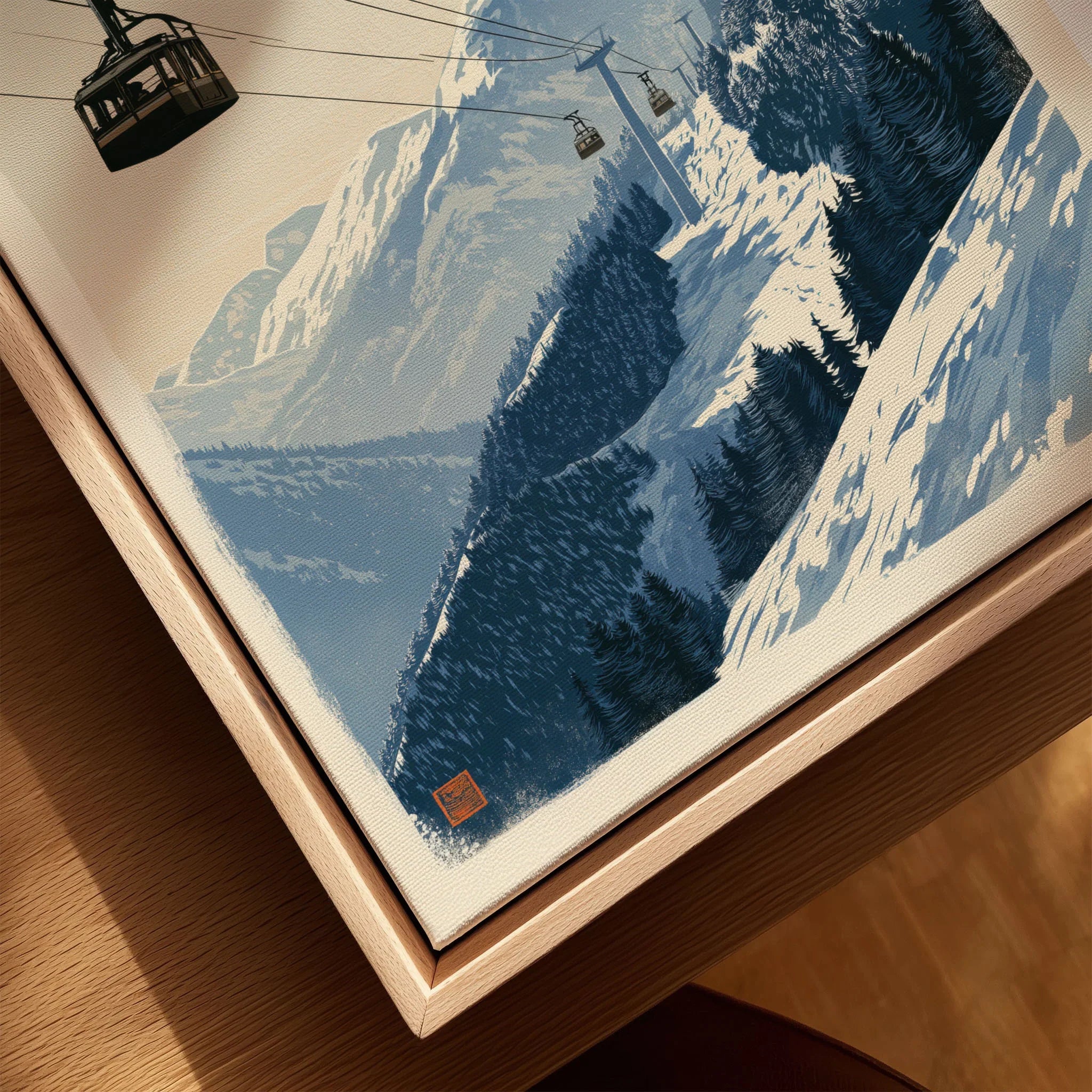Ski Lift Art Print – Vintage Alpine Gondola Wall Art — closeup framed canvas natural wood floating frame