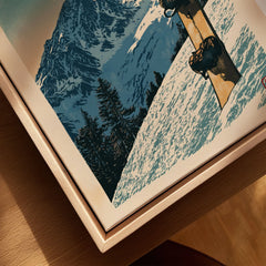 Vintage Snowboard Poster – Alpine Mountain Wall Art — closeup framed canvas natural wood floating frame