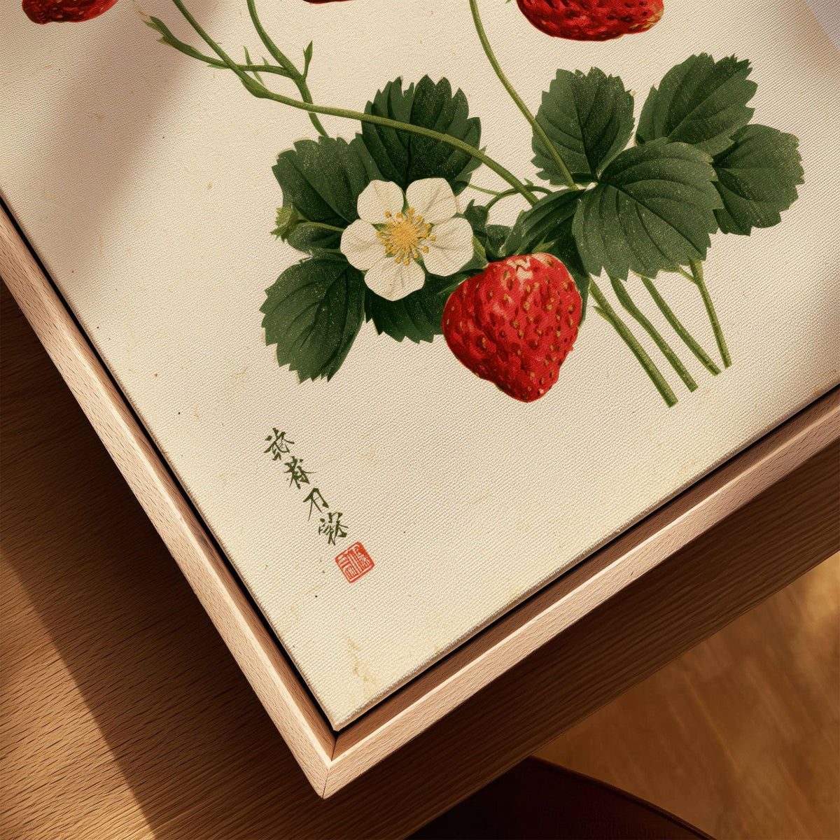 Strawberry Art Print – Vintage Japanese Botanical Wall Art — closeup framed canvas natural wood floating frame