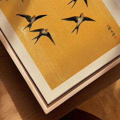 Swallows Art Print – Gold Japanese Bird Wall Art — closeup framed canvas natural wood floating frame