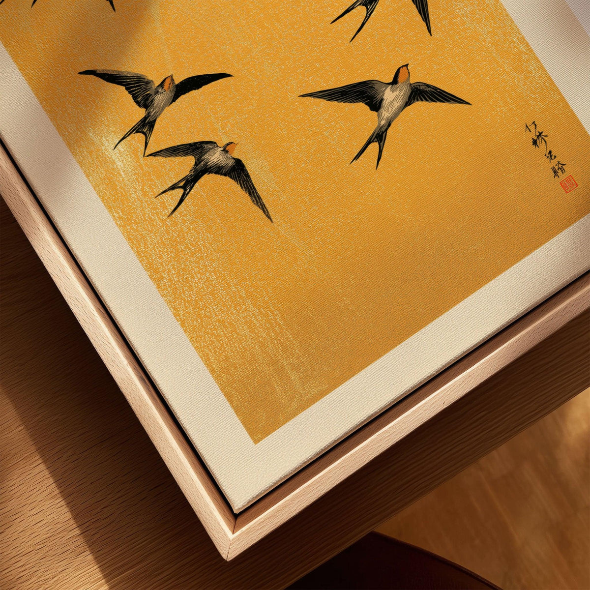 Swallows Art Print – Gold Japanese Bird Wall Art — closeup framed canvas natural wood floating frame