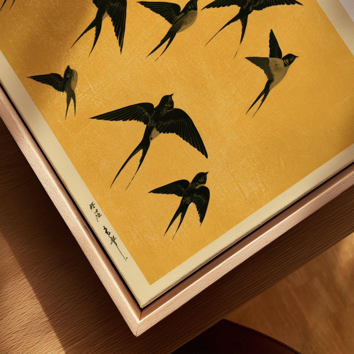 Flying Swallows Wall Art – Vintage Japanese Gold Print — closeup framed canvas natural wood floating frame