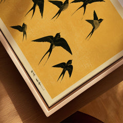 Flying Swallows Wall Art – Vintage Japanese Gold Print — closeup framed canvas natural wood floating frame