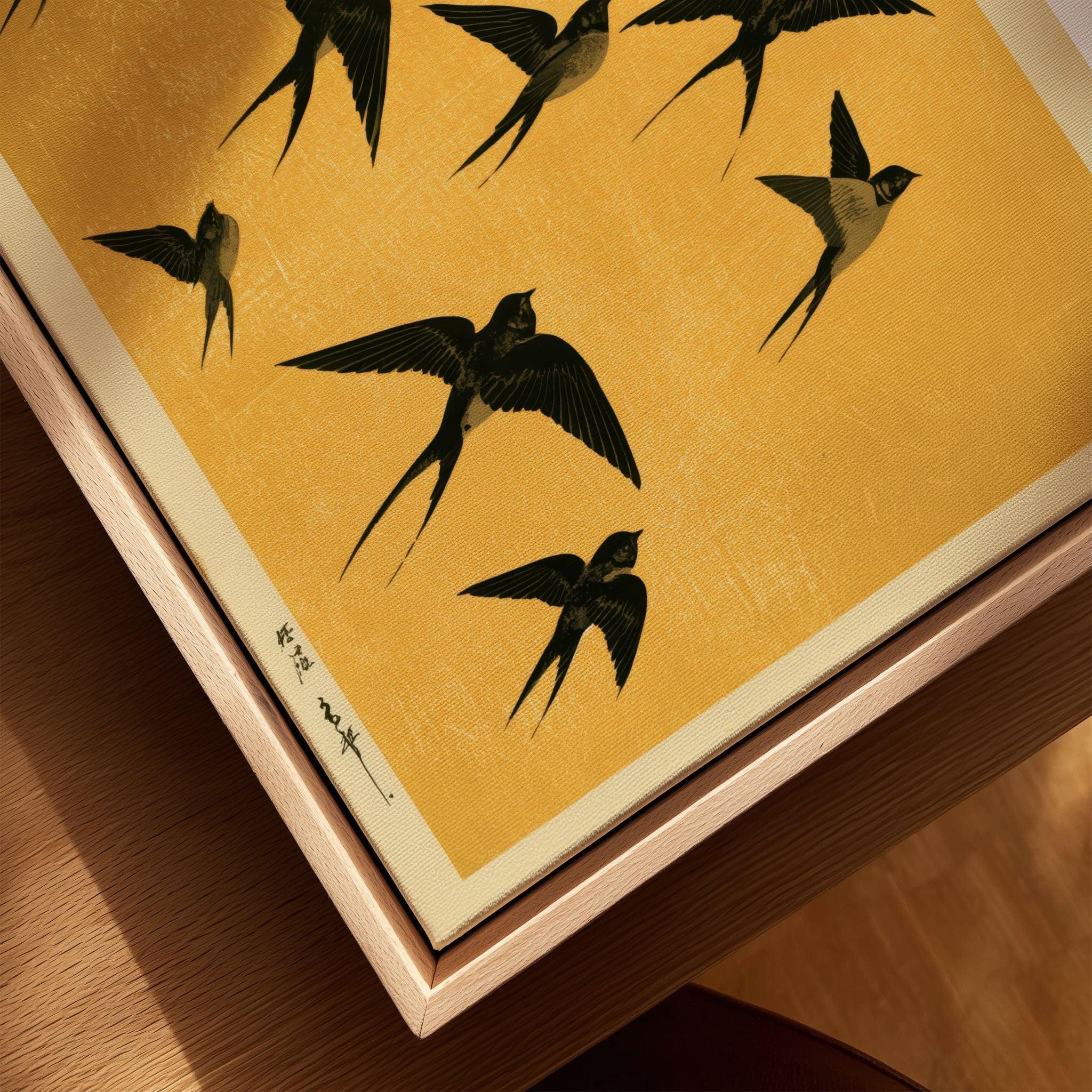 Flying Swallows Wall Art – Vintage Japanese Gold Print — closeup framed canvas natural wood floating frame
