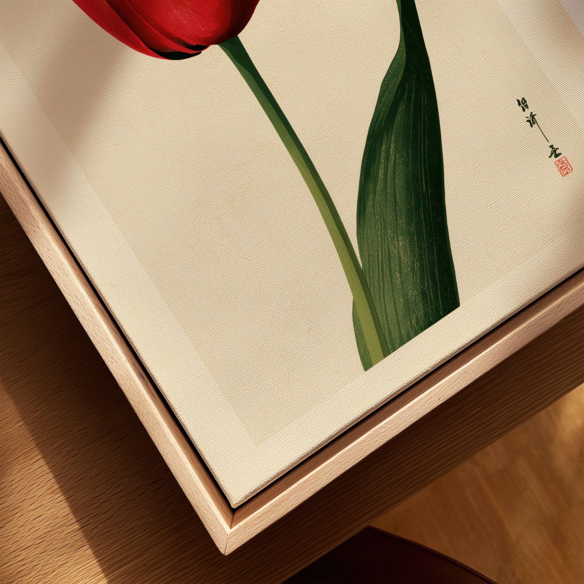 Red Tulip Art Print – Vintage Japanese Botanical Wall Art — closeup framed canvas natural wood floating frame