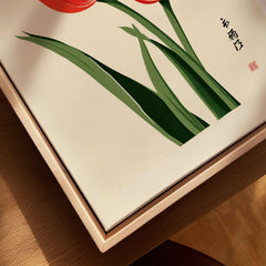 Tulip Art Print – Vintage Japanese Flower Wall Art — closeup framed canvas natural wood floating frame