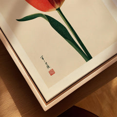 Deep Red Tulip Wall Art – Japanese Botanical Print — closeup framed canvas natural wood floating frame