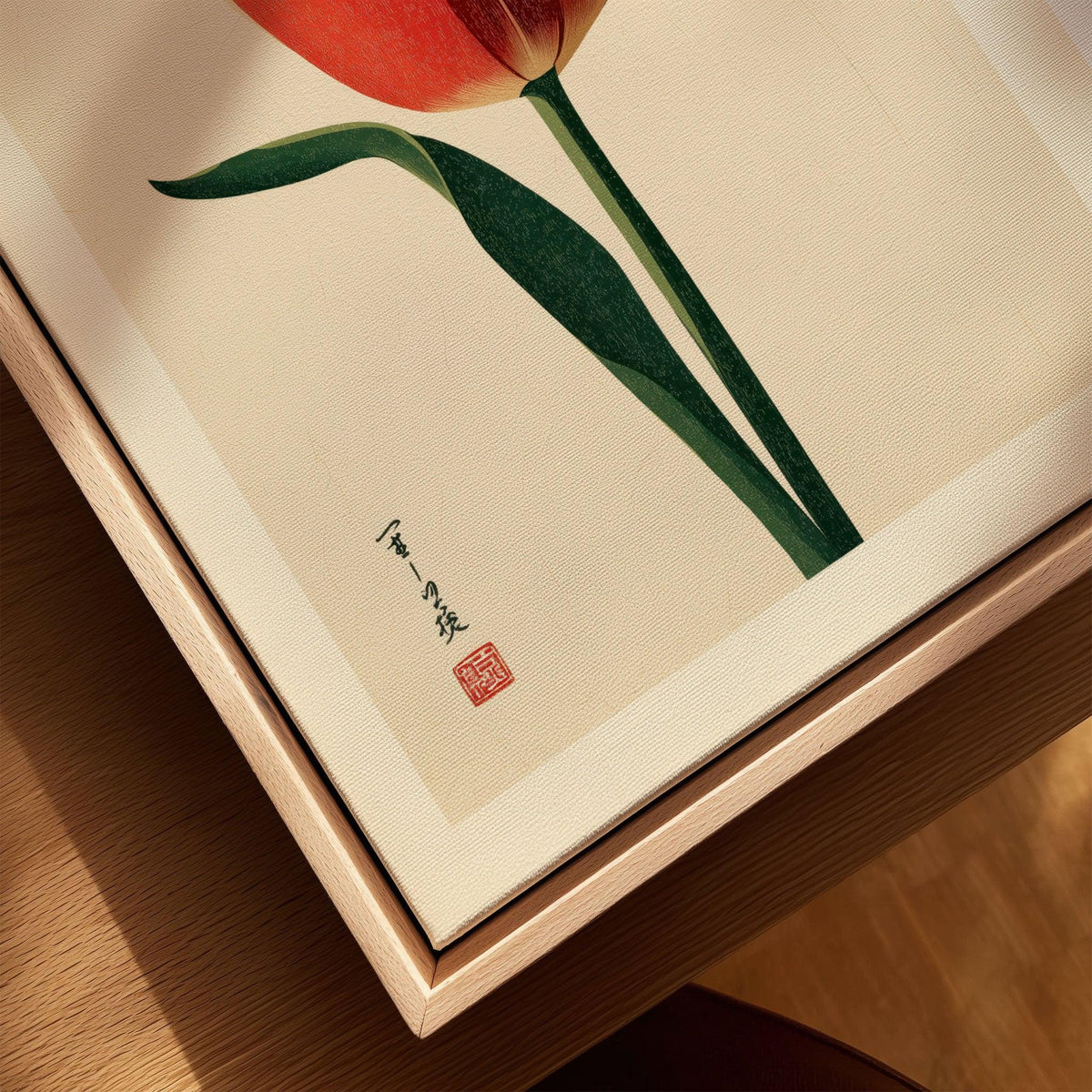 Deep Red Tulip Wall Art – Japanese Botanical Print — closeup framed canvas natural wood floating frame