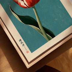 Striped Tulip Art Print – Blue Japanese Botanical Wall Art — closeup framed canvas natural wood floating frame